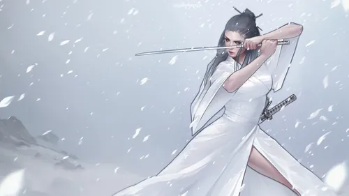 the snow queen,swordswoman,swath,white rose snow queen,white winter dress,eternal snow,nine-tailed,cold weapon,scythe,glory of the snow,shinigami,sword lily,ice queen,suit of the snow maiden,snow whit