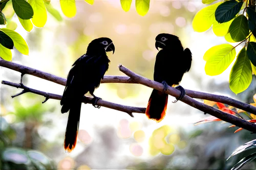 Exotic birds, colorful feathers, vibrant plumage, tropical atmosphere, perched on branch, slender neck, sharp beak, bright eyes, delicate legs, claws grasping wood, soft sunlight filtering through lea