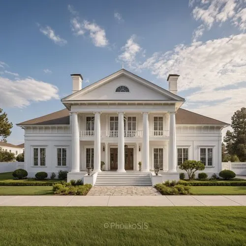 a white two story house with a large front porch and white pillars,southfork,country estate,palladian,fairholme,luxury home,country house,Photography,General,Realistic