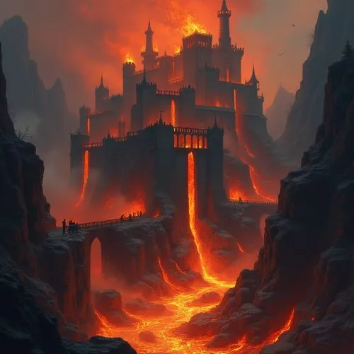 firelands,mordor,khandaq,fire mountain,fantasy landscape,knight's castle