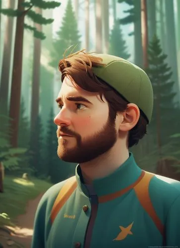 a 45 years old man walking in forester clothing, wearing a cap in a mountain forest. Full body,a painting of a man in a green hat with a beard in the woods,kovic,friedemann,lumberman,lumberjax,bunyan,