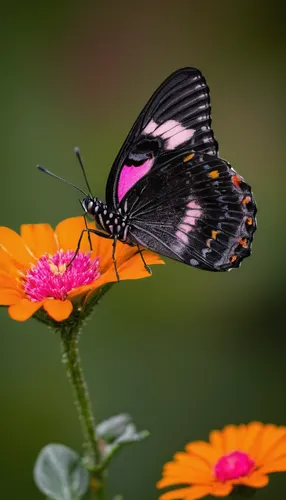 Photograph of a pink and black butterfly on an orange flower,hybrid swallowtail on zinnia,heliconius hecale,butterfly on a flower,ribbon winged lacewing,hybrid black swallowtail butterfly,palamedes sw