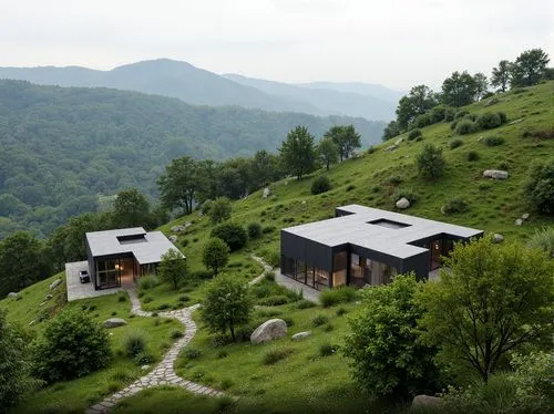 Rustic hillside, lush green vegetation, winding stone pathways, modernist Bauhaus buildings, flat roofs, rectangular forms, industrial materials, steel frames, large windows, minimalist decor, functio