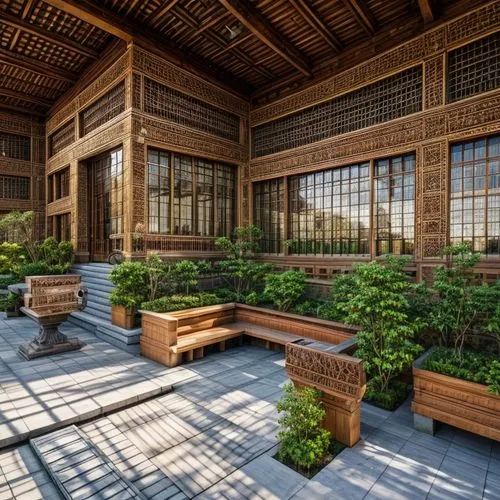 hanok,chinese architecture,bamboo plants,asian architecture,wooden windows,inside courtyard,japanese architecture,sake gardens,courtyard,zen garden,japanese-style room,roof garden,hall of supreme harm