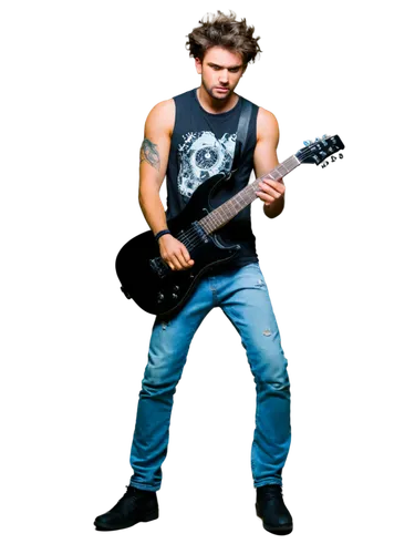 Psychedelic musician, male, young adult, messy hair, colorful tattoos, sleeveless shirt, ripped jeans, black boots, holding electric guitar, playing intense solo, strobe light effects, fog machine, di