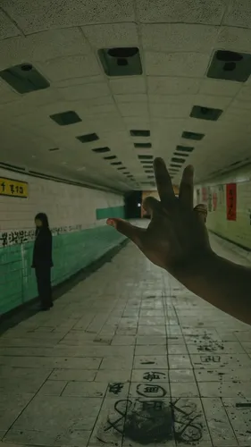 Lots of small Korean characters are inked onto the hand, abandoned dark subway hall,subway station,south korea subway,korea subway,kowloon city,metro station,underground,underpass,subway system,kowloo