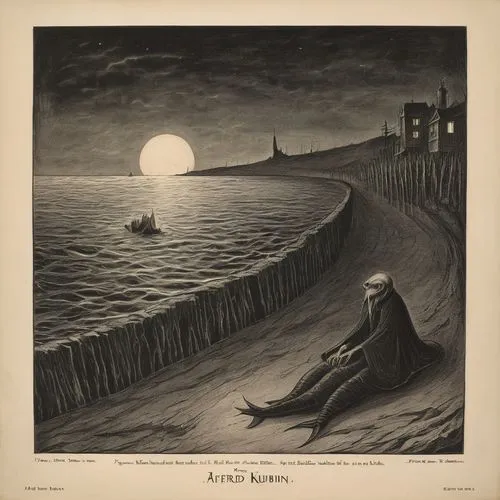 schuiten,schuitema,the night of kupala,bathysphere,byronic,innsmouth,man at the sea,night scene,ardizzone,the north sea,ferryman,sea night,bayston,north sea,gorey,groyne,cruikshank,brodsky,ravilious,rowson,Illustration,Black and White,Black and White 23