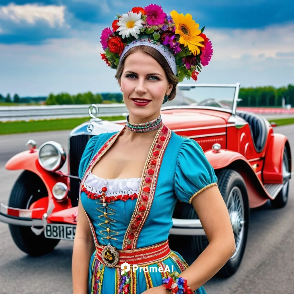 A stunning, gorgeous 34 years old woman in elaborate, colorfull vintage Bavarian Tracht with a head band of colorful flowers, behind woman a German race track with Mercedes 1930 Silberpfeile silver vi