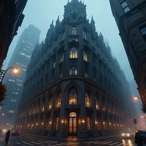 Gothic style office building, commercial district, skyscraper, complex structure, intricate stone carvings, pointed arches, ribbed vaults, flying buttresses, grand entrance, heavy metal doors, ornate 