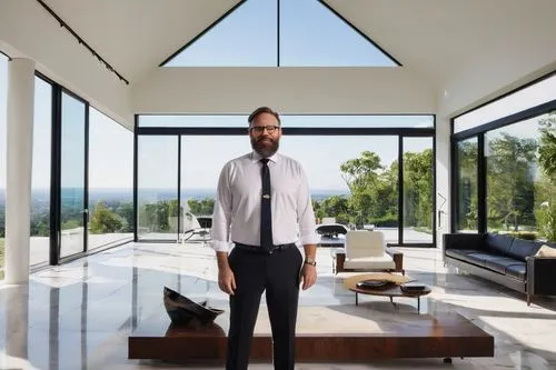 Mature man, chief architect, 40yo, bearded, glasses, suit, tie, white shirt, black pants, leather shoes, holding blueprint, standing, luxurious villa, modern architectural features, large windows, sli