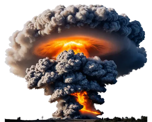 Massive mushroom cloud, intense flash, destructive blast wave, fiery orange-yellow light, shockwave ripples, debris scattered everywhere, smoke trails, dark grey ash, massive destruction, close-up on 