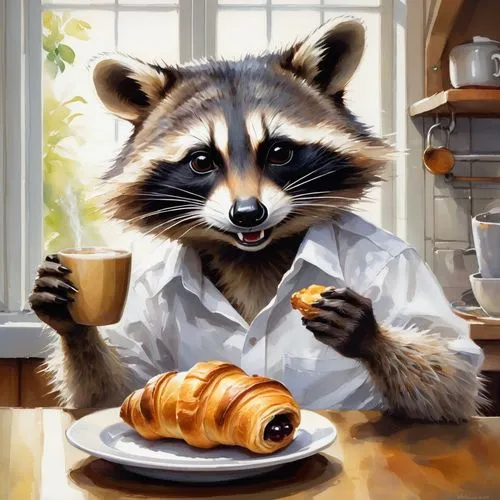 a handsome raccoon in a white shirt eating a croissant at the table in the kitchen next to a cup of coffee with a smiley face.,a rac wearing a chefs outfit holds a cup and sits behind a croissant,rock