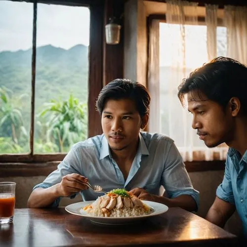 man eating a plate of rice and chicken in a dining room that is next to the window with a sad face in front of him eats his brother who has human features but is an AI,laotian cuisine,cambodian food,n