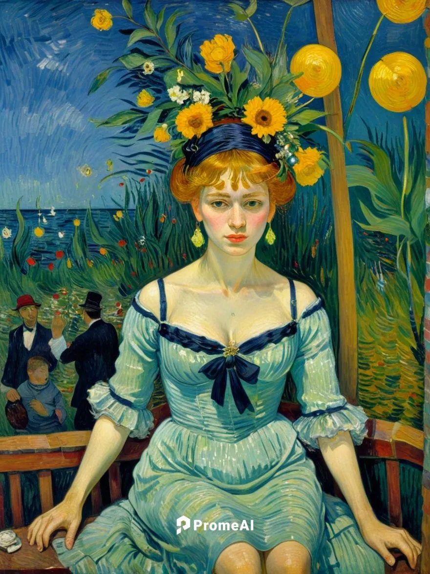 Entertainers in a Parisian nightclub.. Let the motif appear as a French impressionist painting as if it had been painted by Vincent van Gogh.,a painting of a young woman in a blue dress,girl in the ga