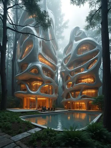 Twin residential towers with undulating, wave-like façades made of glass and steel, set within a towering redwood forest. Each floor features expansive balconies that extend into the tree canopy, offe