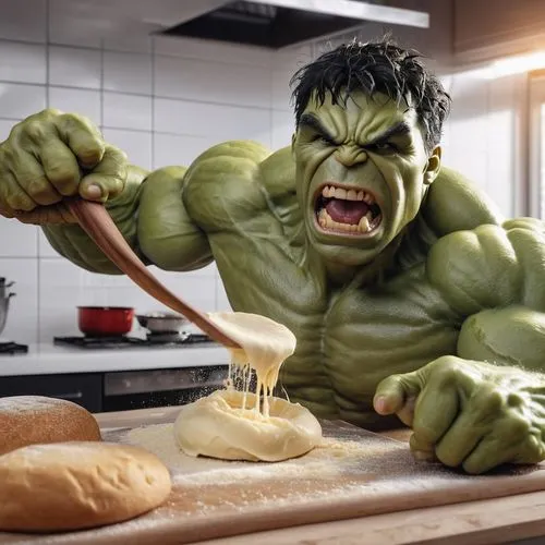 綠巨人浩克川廚師服瘋狂地在廚房捶打攻擊麵團,the hulk statue is being stirred by some bread,incredible hulk,hulking,hulked,frankenfood,hulk,avenger hulk hero,hulka,mastercook,frankenfoods,hulks,mayonaise,puny,chalonnaise,gr