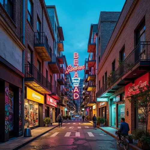 Vibrant cityscape, eclectic mix of colors, neon lights, bold typography, distressed textures, exposed brick, industrial metal accents, abstract graffiti, dynamic shapes, fragmented forms, deconstructe