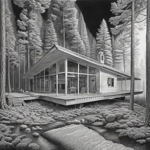 a drawing of a cabin on a lake in a forest,treehouses,DIBUJO,ARQMANES,JARQS,Art sketch,Art sketch,Ultra Realistic