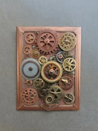 a wall mounted with many gears and clocks,wooden cable reel,tansu,brooch,button pattern,cog,wall clock,cable reel,dharma wheel,cog wheel,bontekoe,trivet,thermostat,pin board,tsuba,steampunk gears,gyro