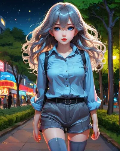 world digital painting,japanese sakura background,dusk background,digital painting,colorful background,sakura background,night scene,cg artwork,anime japanese clothing,girl in overalls,3d background,girl walking away,landscape background,anime girl,creative background,clear night,summer background,art background,denim background,walk in a park,Conceptual Art,Fantasy,Fantasy 03