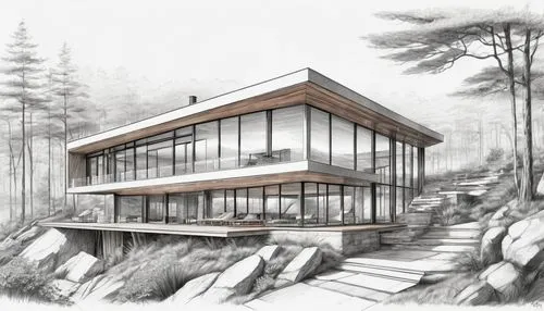 sketchup,house drawing,revit,forest house,renderings,house in the forest,timber house,house in mountains,cantilevers,snohetta,bohlin,cubic house,3d rendering,house in the mountains,passivhaus,cantilevered,dunes house,mid century house,modern house,neutra,Illustration,Black and White,Black and White 30