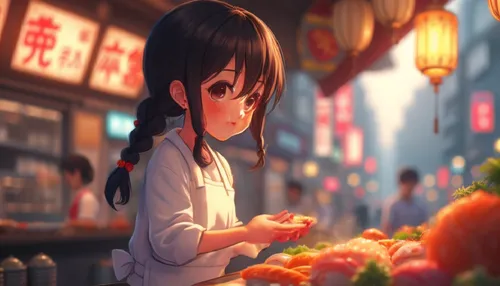 young girl preparing sushi,a anime girl standing next to a table filled with vegetables,izakaya,sushi japan,yakitori,japanese cuisine,japanese restaurant,tangerines