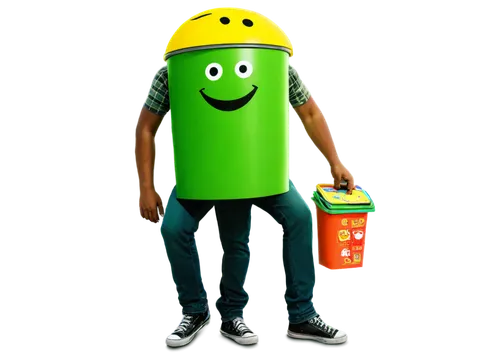 Recycle bin, cartoon style, bright green body, yellow lid, big smile, shiny eyes, rounded shape, colorful stickers, standing upright, solo, urban setting, afternoon sunlight, shallow depth of field, v