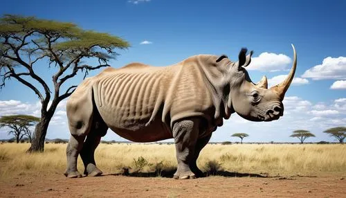 African savannah, rhinoceros, majestic posture, wrinkled gray skin, horn, muscular legs, grasslands, acacia trees, blue sky, fluffy white clouds, warm sunlight, dramatic shadows, 3/4 composition, cine