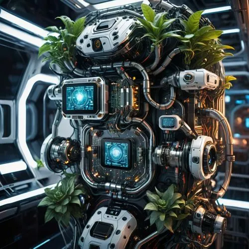 Photorealistic lifelike 4K.  A strange non-terrestrial species of sentient highly intelligent plants with prehensile vines and tendrils wearing complex and detailed friendly looking high-tech futurist