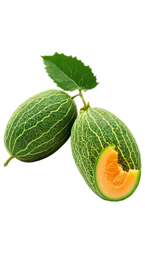 Cantaloupe, juicy sweet flesh, green rind, yellow-orange skin, leafy stem, natural lighting, soft focus, warm color tone, 3/4 composition, shallow depth of field, solo, still life, realistic, vibrant 