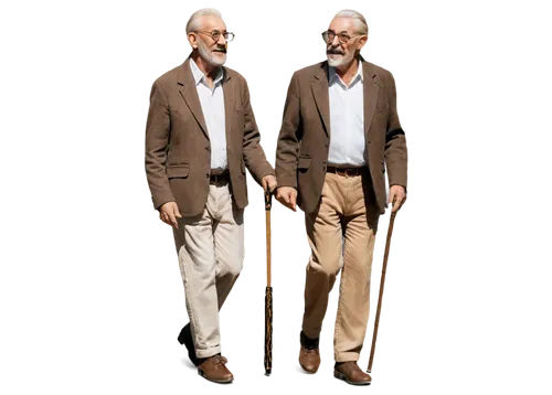 Old man, white beard, wrinkles, balding, spectacles, brown tweed jacket, white shirt, dark brown pants, leather shoes, walking stick, gentle smile, warm lighting, soft focus, cinematic composition, sh