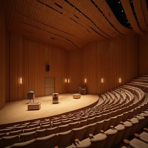 Intimate concert hall, wooden paneling, sound-absorbing materials, strategically placed speakers, curved lines, minimalist aesthetic, warm ambient lighting, plush seating, tiered levels, state-of-the-