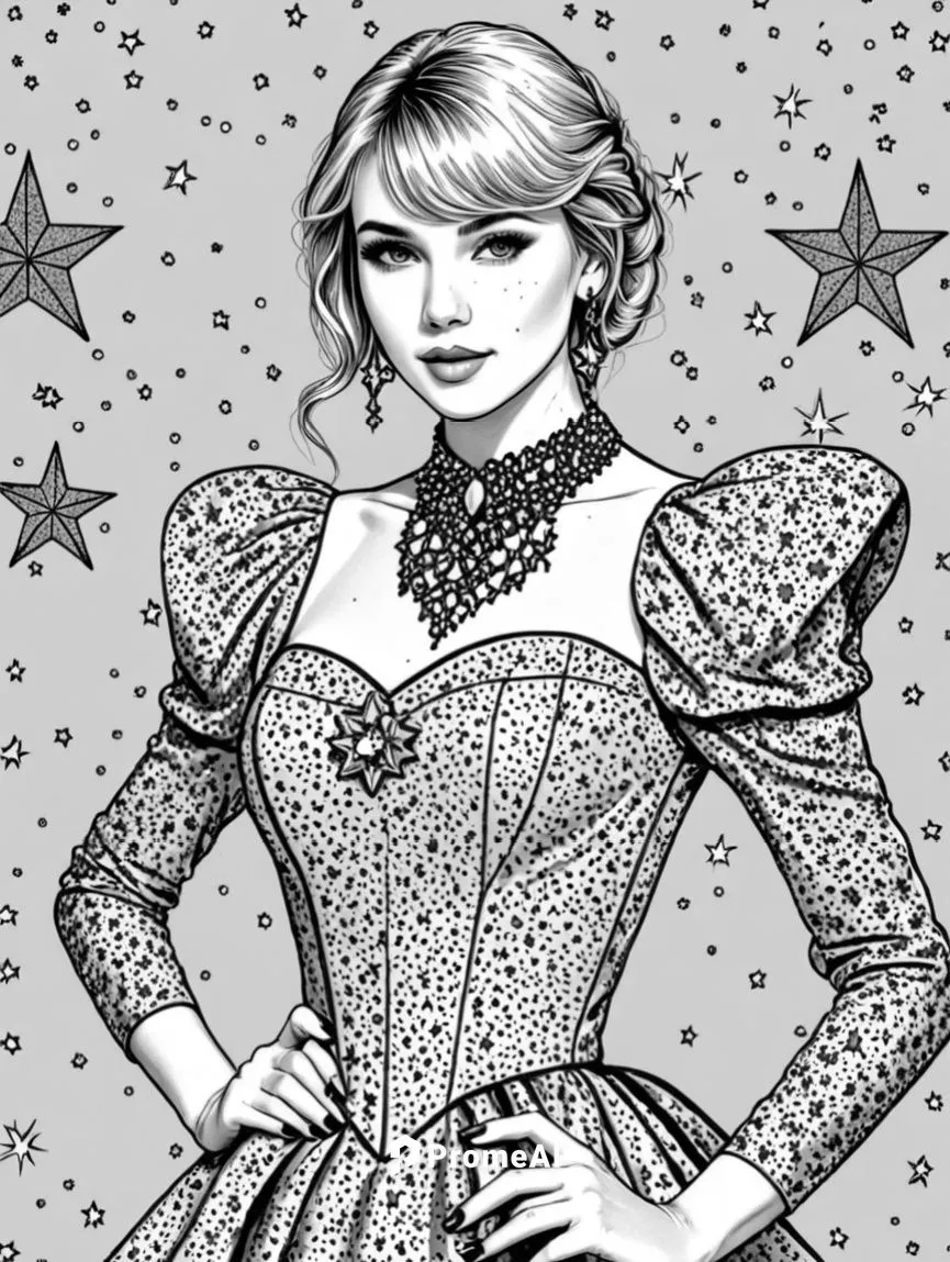 a girl with a star on her collar wearing a dress with the stars flying up above,comic halftone woman,retro paper doll,retro 1950's clip art,vintage paper doll,star line art,fashion vector,Design Sketc