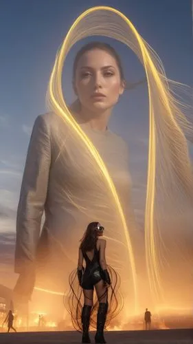 In the center of a surreal landscape, a fierce-looking figure with glowing lines gazes out from behind a towering wall. She wears a flowing suit and a pair of metallic sunglasses. The surrounding land