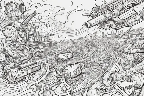 scrap yard,game drawing,junkyard,scrapyard,sci fiction illustration,mono-line line art,scrap loading,pencils,junk yard,mono line art,machinery,junk,scrap truck,shipwreck,ship wreck,post-apocalyptic landscape,scrap car,scrap collector,hand-drawn illustration,scrap iron,Illustration,Black and White,Black and White 05