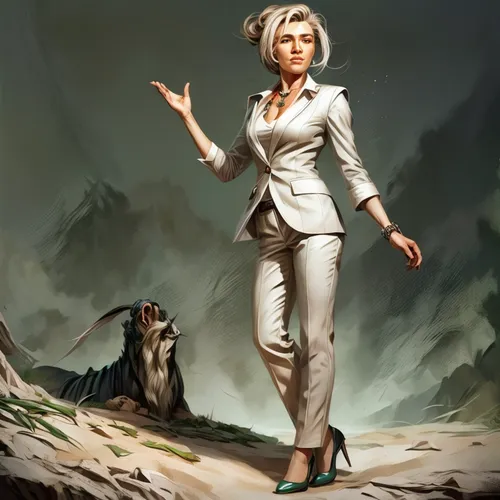 cruella de ville,cruella,female doctor,woman walking,femme fatale,mountain vesper,lady medic,lady pointing,pointing woman,white coat,woman pointing,art deco woman,biologist,female nurse,tiber riven,crocodile woman,sci fiction illustration,marilyn,woman in menswear,woman holding gun