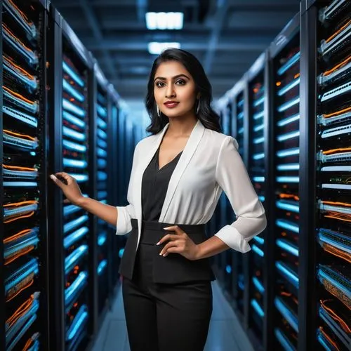 Enterprise architecture, modern data center, Oracle Autonomous Database, Rashi Panda, Indian woman, 30s, professional attire, white blouse, black pants, elegant heels, confident posture, hands behind 