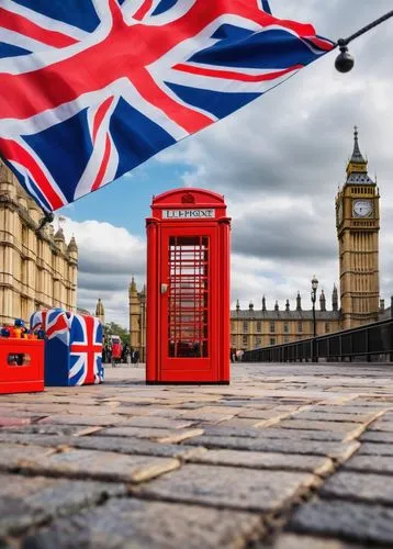 London landmark, Lego-style, colorful blocks, intricate details, iconic buildings, Big Ben, London Eye, Buckingham Palace, red phone booths, double-decker bus, Union Jack flags, stone pavement, cloudy