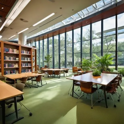 University of Houston, Architecture Library, modern building, glass walls, steel beams, angular lines, open spaces, natural light, wooden tables, ergonomic chairs, laptop stations, bookshelves, readin