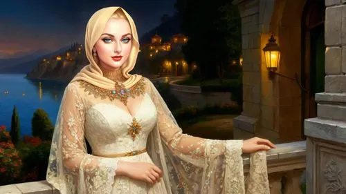 Romantic masterpiece oil painting, beautiful curvy busty woman portrait, lace abaya dress, nostalgic 1950's style kitsch, breathtaking beautiful epic vast landscape, majestic scenery, highly detailed,