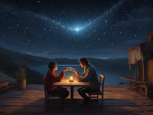 romantic dinner,romantic scene,romantic night,dinner for two,romantic meeting,astronomers,campfire,romantic,candle light dinner,magical moment,the moon and the stars,stargazing,sci fiction illustration,fantasy picture,outdoor table,meteor shower,celestial phenomenon,the stars,romantic portrait,astronomy,Illustration,Realistic Fantasy,Realistic Fantasy 28