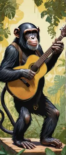 monkeys band,banjo uke,cavaquinho,bonobo,chimpanzee,banjo guitar,monkey banana,bongo,ape,bongo drum,banjo player,monkey island,great apes,monkey soldier,monkey gang,bongos,ukulele,banjo,musical rodent,primate,Illustration,Realistic Fantasy,Realistic Fantasy 23