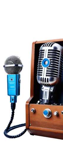 Radio, vintage style, old-fashioned microphone, shiny metal body, intricate knobs, leather case, retro futuristic details, neon lights, glowing blue dials, analog meters, coiled wires, wooden cabinet,