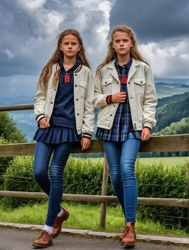 Englische Jugend,two s standing on top of a wooden bench,olsens,exmoor,granddaughters,cressbrook,little girls walking,shepherdesses,Photography,General,Realistic