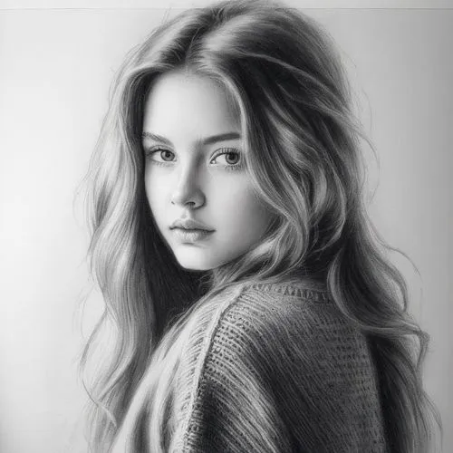 女生，毛衣，长发，,pencil drawing portrait of a girl with long hair,moretz,liesel,kotova,girl portrait,blond girl,chorkina,Illustration,Black and White,Black and White 35