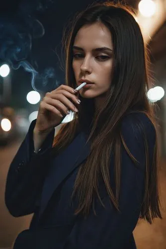 young woman, brunette, slim, street, long hair, straight hair, snob, luxurious clothes, night, shelter, smoking a cigarette,smoking girl,girl smoke cigarette,victoria smoking,cigarette girl,smoking,sm