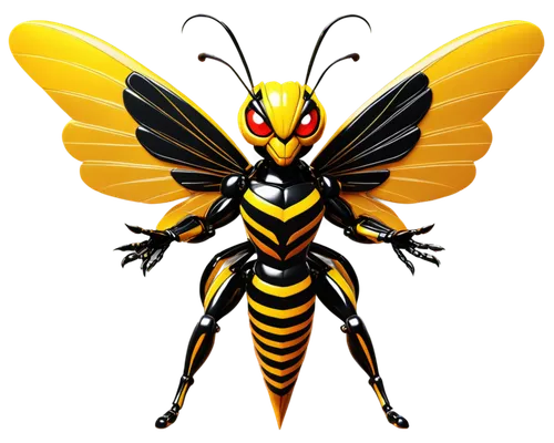 Angry insect, hornet logo, golden yellow body, black stripes, red eyes, sharp stinger, spread wings, menacing pose, metallic sheen, 3D rendering, high contrast lighting, close-up shot, intense gaze.,y