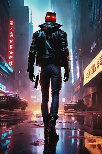 Cyberpunk cityscape, dark alleys, neon lights reflecting off wet pavement, towering skyscrapers, massive holographic advertisements, futuristic robotic nemesis, glowing red eyes, metallic body, sharp 