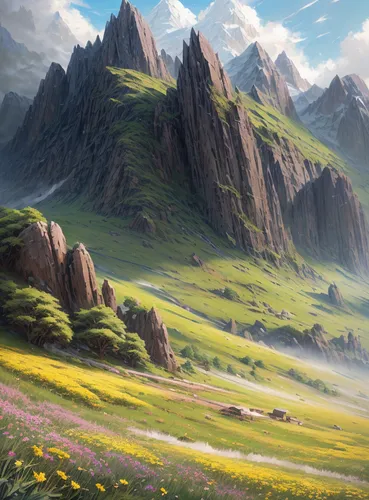 fantasy landscape,mountain landscape,mountainous landscape,mountain meadow,salt meadow landscape,mountain pasture,mountain scene,alpine meadow,meadow landscape,mountain tundra,mountain plateau,the lan