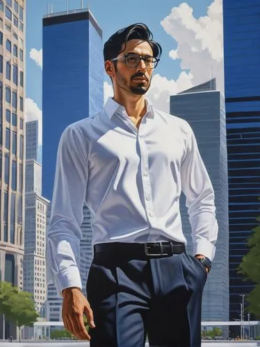 Modern architect, male, 30s, stylish glasses, short black hair, beard, white shirt, dark blue pants, black leather shoes, holding blueprints, standing in front of a futuristic skyscraper, urban citysc